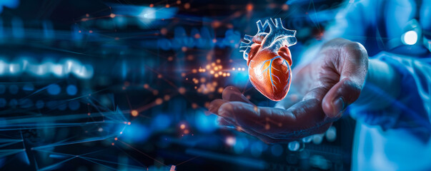 Cardiologist examining virtual heart interface for patient cardiovascular diagnosis - medical technology healthcare treatment heart disorder disease - obrazy, fototapety, plakaty