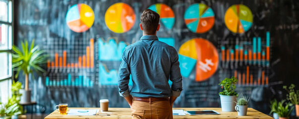 Middle-aged businessman analyzes business growth strategy, economic trends for sustainable development - whiteboard planning, corporate success