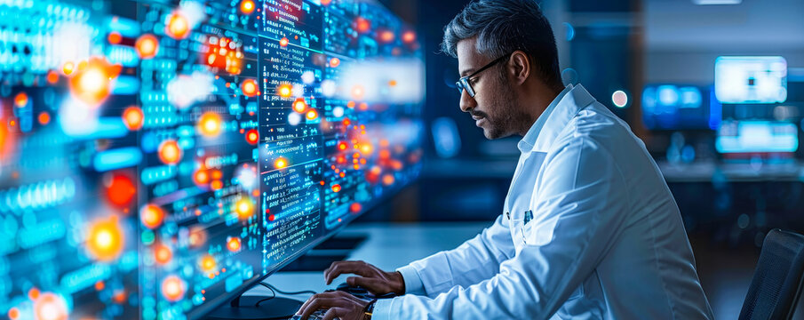 Professional businesspeople analyzing medical data, healthcare growth metrics on digital displays - global digital healthcare solutions, wellness access