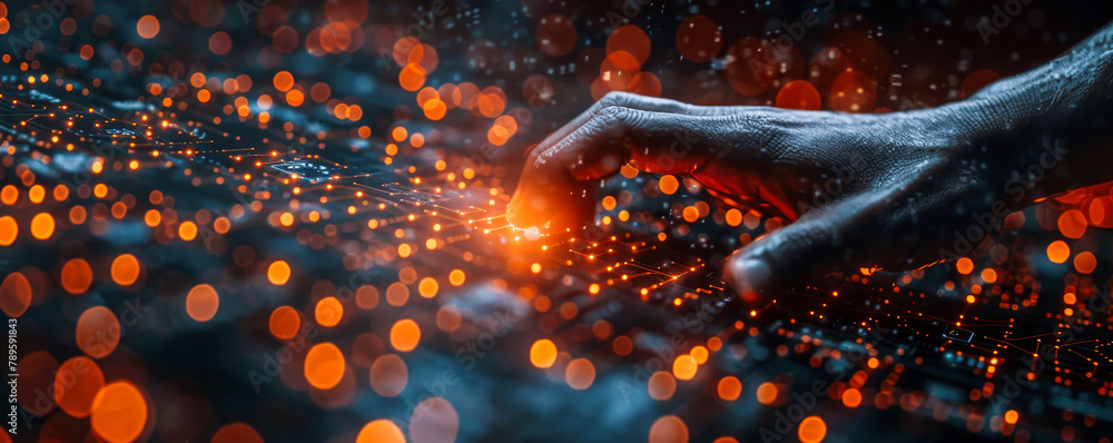 Aufkleber hands interacting with digital data network - ai, machine learning & big data structure for next-gen