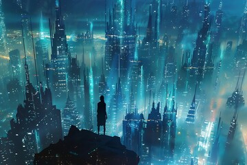 : Dreamlike cityscape with towering, bioluminescent buildings