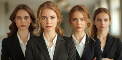 Obraz premium closeup portrait of multiple angry businesswomen with glowing eyes sharing secrets staring into the camera