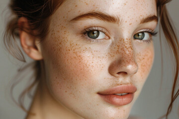closeup of a beautiful woman with freckles looking at the camera