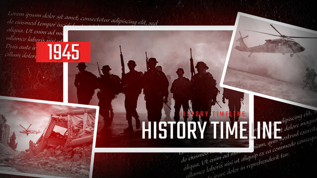 History War Timeline template contains 46 placeholders and 51 editable text layers. Available in 4K resolution.
