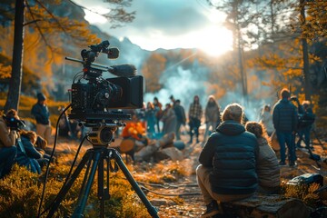 Professional camera on tripod recording a group of people in a forest with autumn colors, depicting outdoor filmmaking