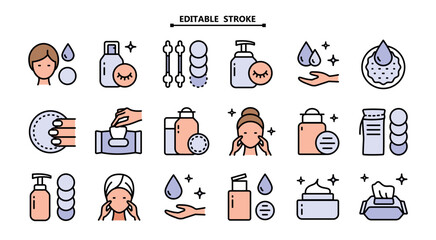 Makeup removal and skin care icons set. Editable stroke. Simple flat style. Face, beauty, health, woman, healthy, mask, clean, girl, cleansing concept. Aesthetic cosmetology line icons collection.