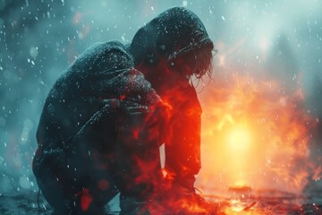 A surreal representation of a human figure in a blurred wintry background, with contrasting warm fire elements - obrazy, fototapety, plakaty
