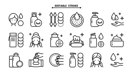 Makeup removal and skin care icons set. Editable stroke. Simple outline style. Face, beauty, health, woman, healthy, mask, clean, girl, cleansing concept. Aesthetic cosmetology line icons collection.