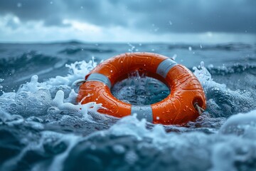 A vivid image of a life-saving orange lifebuoy floating amidst choppy ocean waves, exemplifying safety and urgency - Powered by Adobe