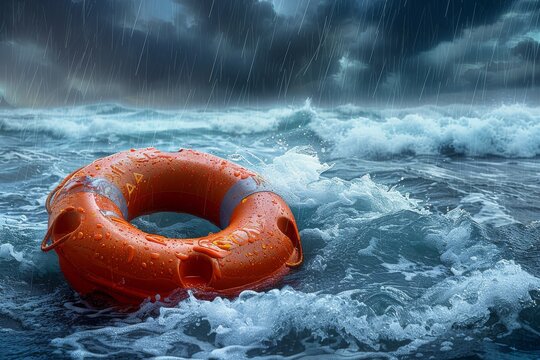 Striking image of an orange lifebuoy on the choppy sea surface, rain pouring down, epitomizing hope amid distress