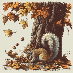 Curious squirrel gathering acorns under a towering oak bushy tail twitching Charming vintage illustration warm autumn colors focus on expression