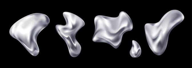 Set of 3D liquid metal chrome abstract shapes on a black background. Vector stock illustration.