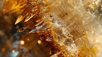 Amazing close-up of a natural yellow citrine quartz crystal cluster, with a beautiful sparkling yellow glow and a rough texture.