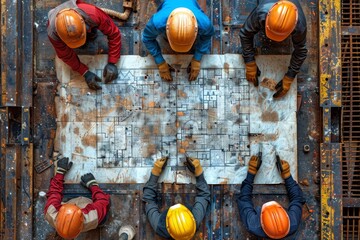 An aerial view of construction workers gathered around a blueprint, strategically planning and coordinating on a grungy job site, symbolizing teamwork and collaboration