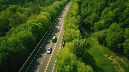 Fototapeta premium A green road with trees on both sides and two cars driving down it