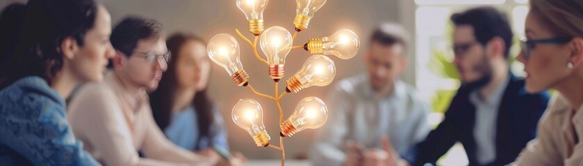 A team brainstorming around a light bulb tree, each bulb representing a growth idea sparked by collective creativity and teamwork - obrazy, fototapety, plakaty