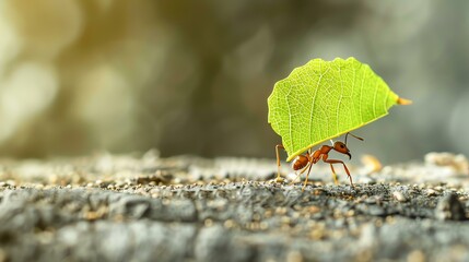 Red ant carrying a green leaf on its back. The ant is on a blurred background. - Powered by Adobe