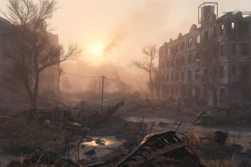 Post war apocalyptic scene. Destroyed city, Ruined buildings after earthquake cataclysm catastrophe