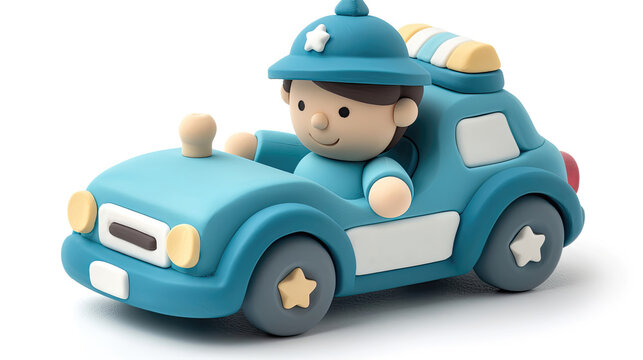 A blue toy car with a police officer inside