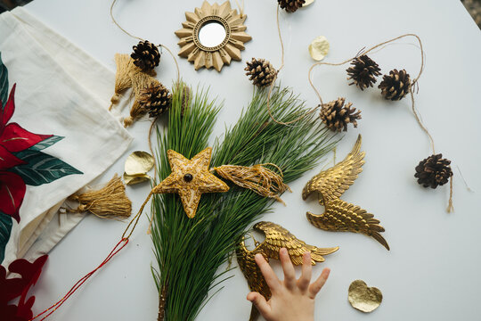 Golden Christmas decorations on the table