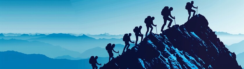 A team climbing a mountain together, each phase of ascent representing overcoming business challenges en route to the summit of success - obrazy, fototapety, plakaty