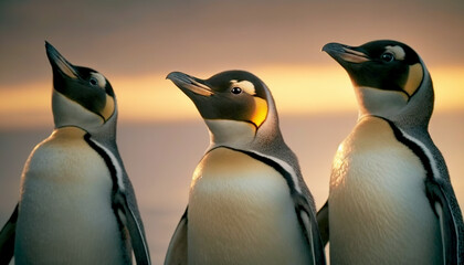 Penguins at sunset, beautiful photography