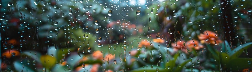 A rainy window with a view of a garden, focusing on the droplets on the glass and the blurred...