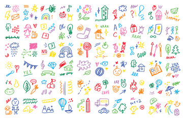 Doodle kids color set. Hand drawn simple decorative elements. Various icons, hearts, stars, lines