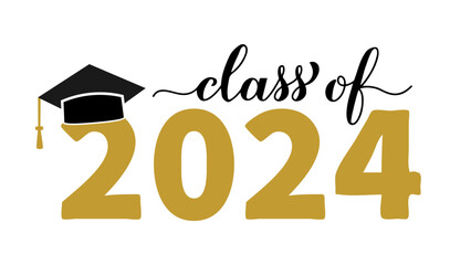 Class of 2024 lettering with graduation hat isolated on white. Congratulations to graduates typography poster. Vector template for greeting card, sticker, banner, label, shirt, etc © Vera