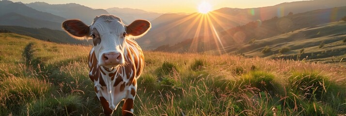 Banner with cow on the background of nature and sunset. Realistic photo for cover, postcard,...