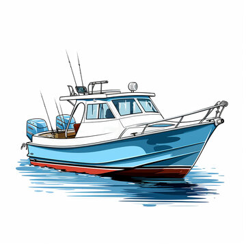 Basic vector fishing boat, rear view, vibrant colors, white setting hand drawing