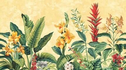 Elegant antique style wallpaper with a display of exotic spice plants and their flowers