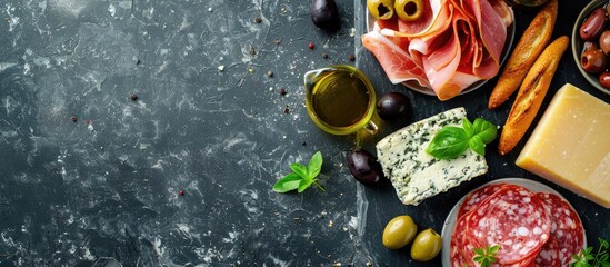 Italian food ingredients including ham, salami, parmesan, olives, and breadsticks displayed on a stone slate.