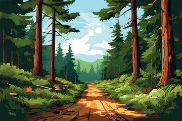 A road through Forest. Vector illustration. Nature landscape. Forest landscape illustration. Road through a forest with beautiful sky.