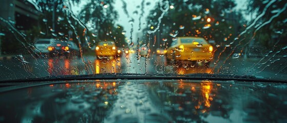 Rain splashing on a car windshield, inside view, focusing on the stormy skies and heavy precipitation while driving