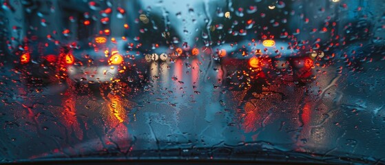 Driving through heavy rain, stormy skies and splashing windshield, inside view captures intense precipitation