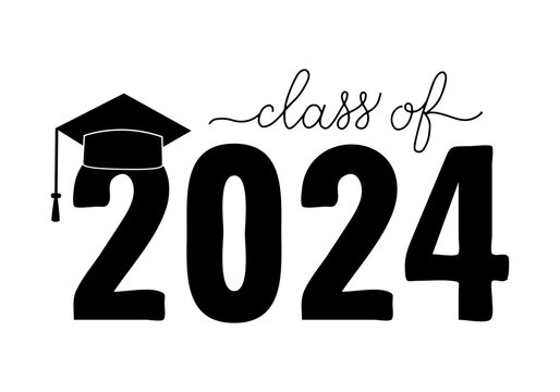 Class of 2024 lettering with graduation hat. Congratulations to graduates typography poster. Vector template for greeting card, sticker, banner, label, shirt, etc.