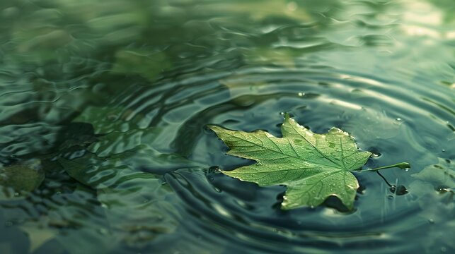 A close-up of a tree leaf in the water reveals a serene and tranquil scene. The leaf floats gently on the surface of the water, its veins and textures highlighted by the soft light.