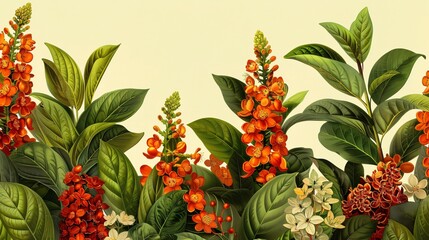 Elegant antique style wallpaper with a display of exotic spice plants and their flowers