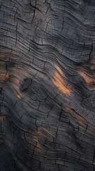 Detailed texture of charred wood after a forest fire, emphasizing the natural pattern and the theme of destruction and renewal
