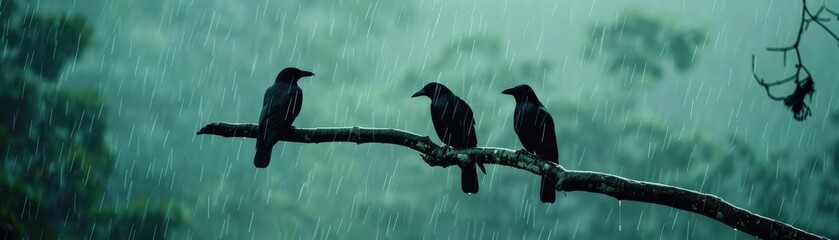 Birds taking shelter during a heavy downpour, nature scene showing the impact of rain on wildlife