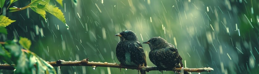 Birds find refuge from heavy downpour, revealing rain impact on wildlife in nature scene