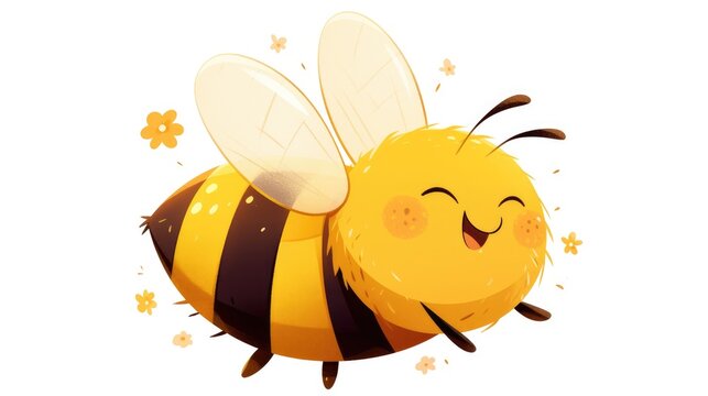 An adorable and friendly bee buzzing happily in a cartoon style showcasing its insect charm in a vibrant 2d illustration set against a white backdrop