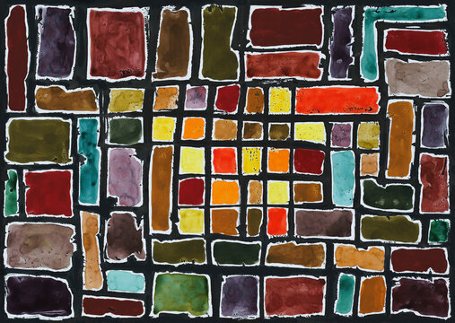 A watercolor and ink painting of an irregular grid.