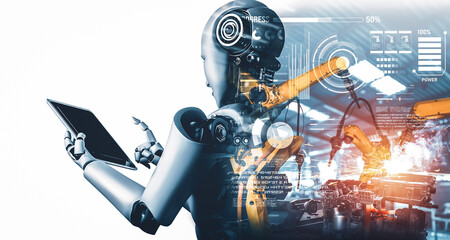 MLB Mechanized industry robot and robotic arms double exposure image. Concept of artificial...