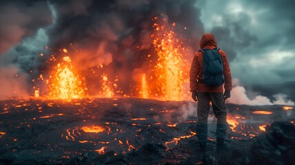 a person standing at the edge of a cliff looking at lava