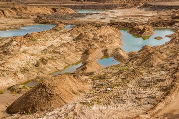 Landscape of a sand quarry with small ponds