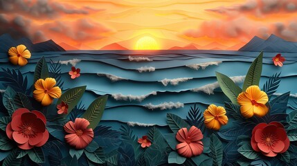 seascape with hibiscus shrub and tropical leaves, paper cut craft sculpture artistic background illustration, Generative Ai