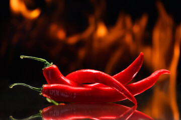 red chili pepper, on a background of burning fire, flames on a black background, hot and spicy...