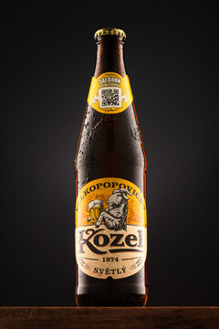 Tiraspol, Moldova - March 18, 2024: A bottle of beer Kozel Velkopopovicky on a dark black background